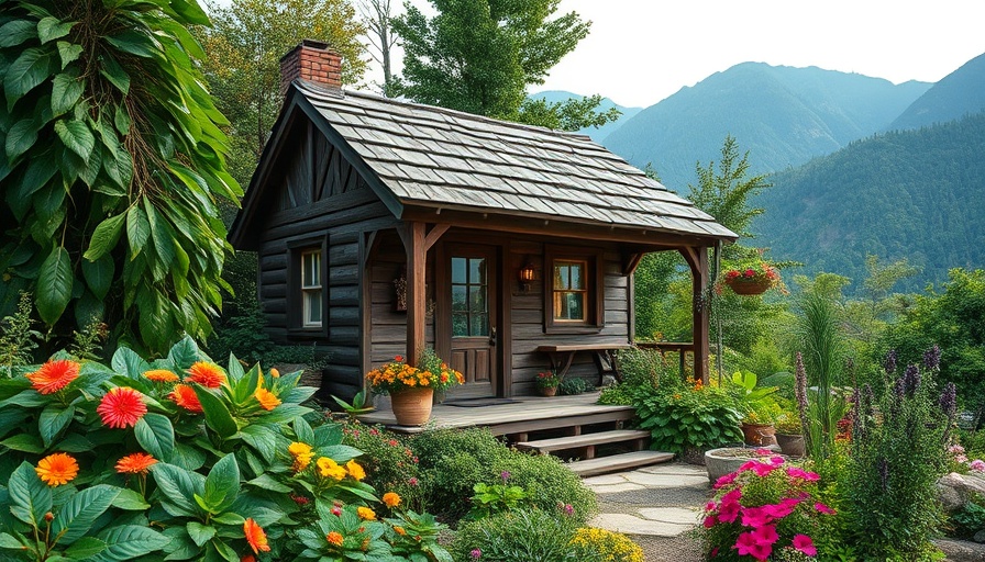Rustic eco-friendly tiny home amidst lush garden landscape.