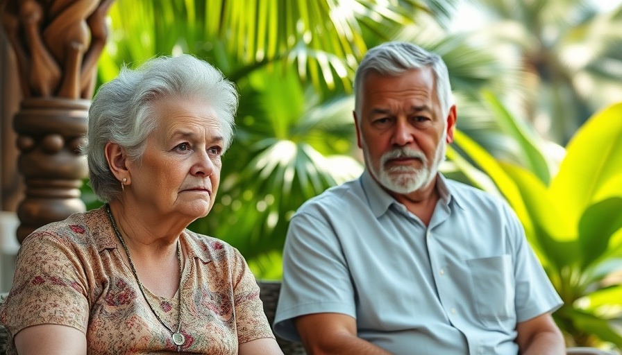 Middle-aged couple discussing retiring early in a tropical setting.
