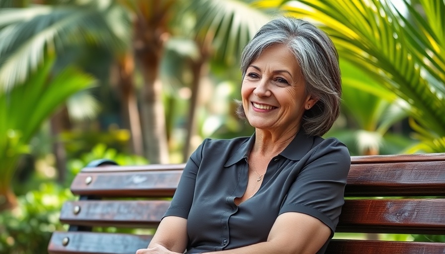 Confident woman in tropical garden for redefined retirement.