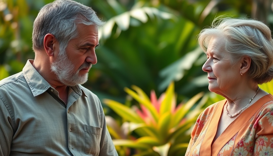 Middle-aged couple discussing retirement myths in a garden.