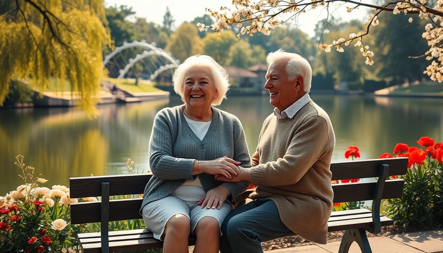 Retired couple enjoying a peaceful moment near a lake.