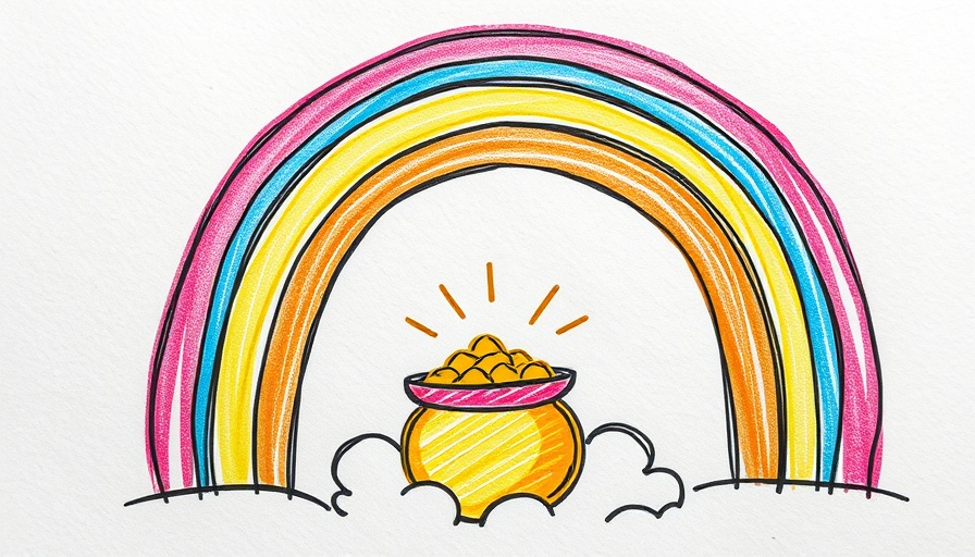 Colorful hand-drawn rainbow with pot of gold and cloud, Living Outside the Lines.