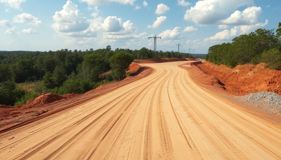 Expansive dirt road showing building progress under a clear sky.