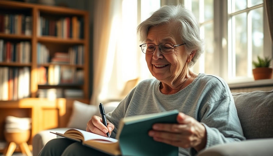 Elderly woman writing her life story in a cozy room, warm lighting.