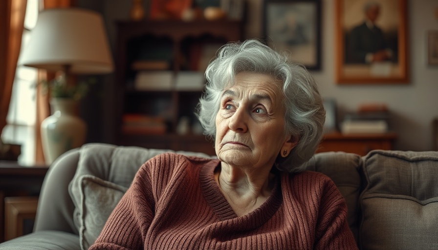 Elderly woman reminiscing in cozy living room, expressing memories in late life.