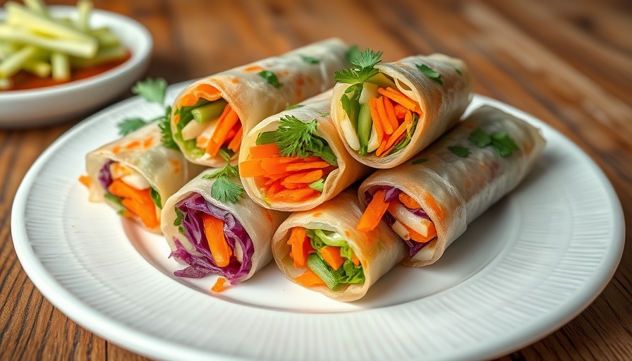 Colorful vegan spring rolls displayed on a white plate.