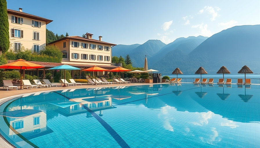 Luxurious Lake Como hotel poolside with scenic mountain view.