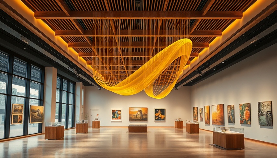 Gallery interior with Ingo Maurer’s Golden Ribbon light installation.