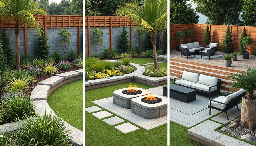 Modern garden edging design with fire pits and seating in outdoor settings.