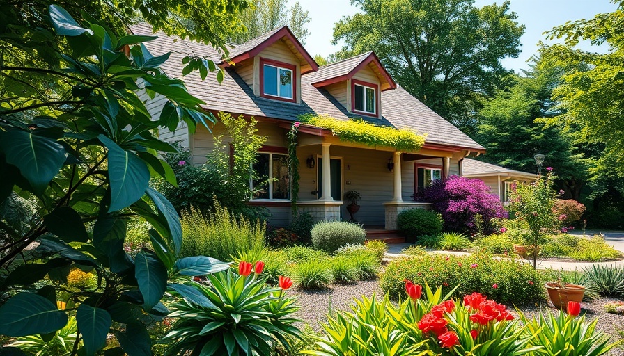 Suburban garden with diverse plants near house.