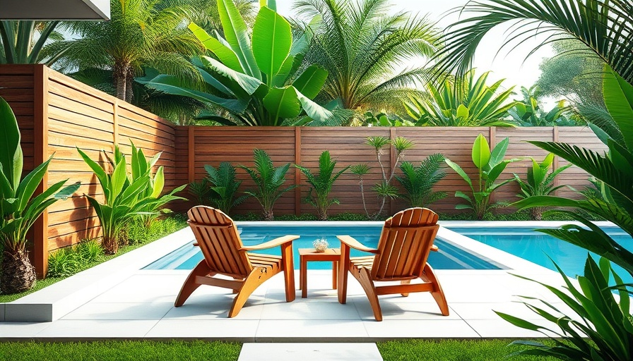 Modern pool design with wooden privacy fence and tropical plants.