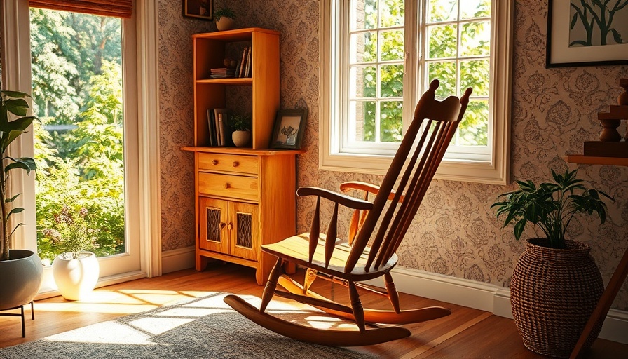 Vintage rocking chair for relaxed living in a cozy room with wallpaper.