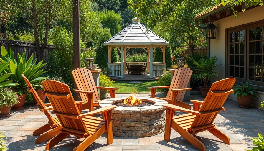 Outdoor patio seating area with fire pit and gazebo