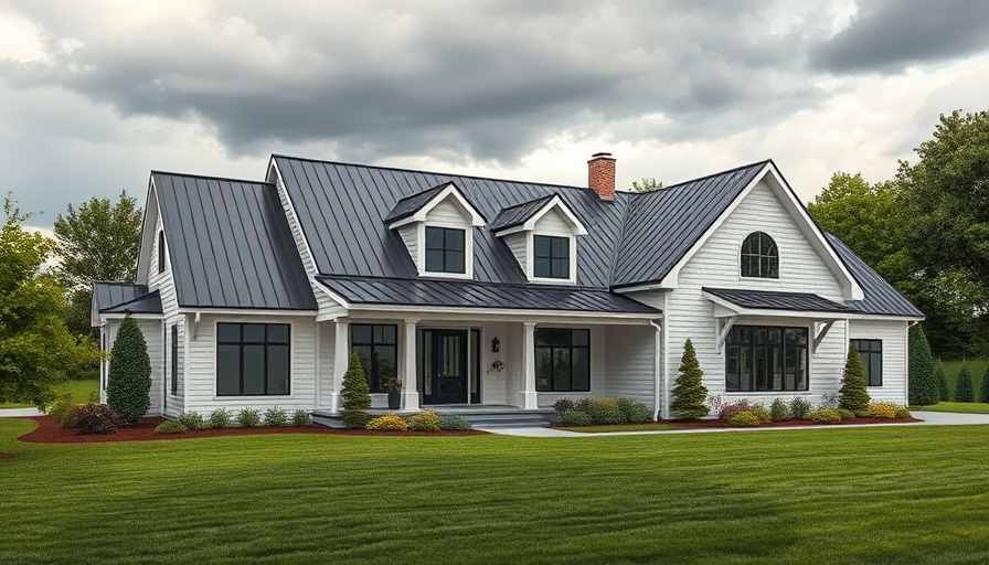 Modern farmhouse in Auburn Indiana with landscaped yard and black roof.