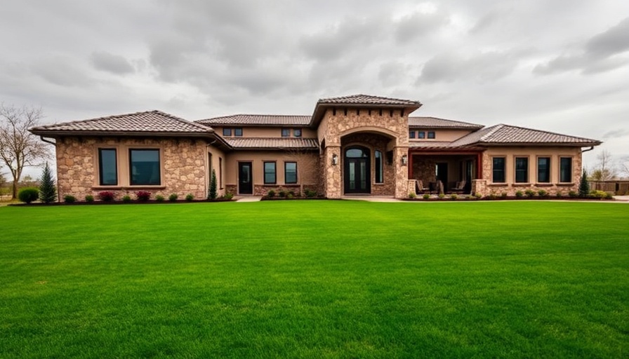 Mediterranean inspired custom home with green lawn under cloudy sky.