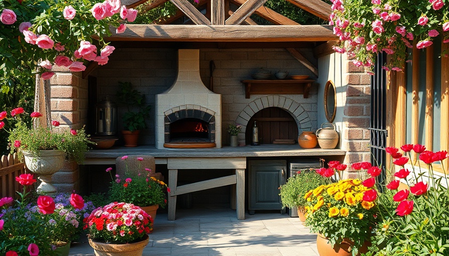 Vintage Farmhouse Living 2025: rustic outdoor kitchen with oven and flowers.
