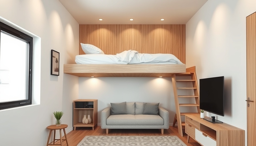 Efficient small space apartment design with raised bed and seating.