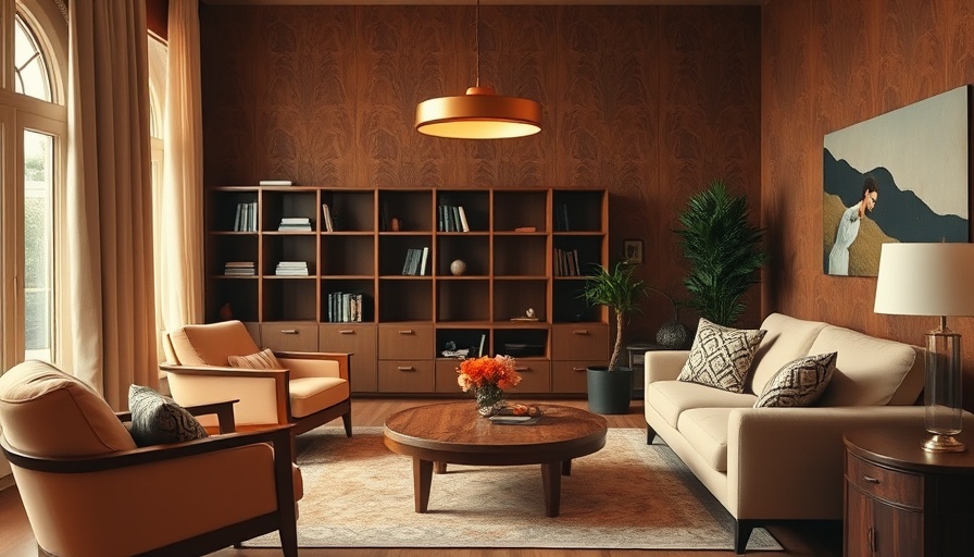 1970s glamour home renovation living room with retro-modern design.
