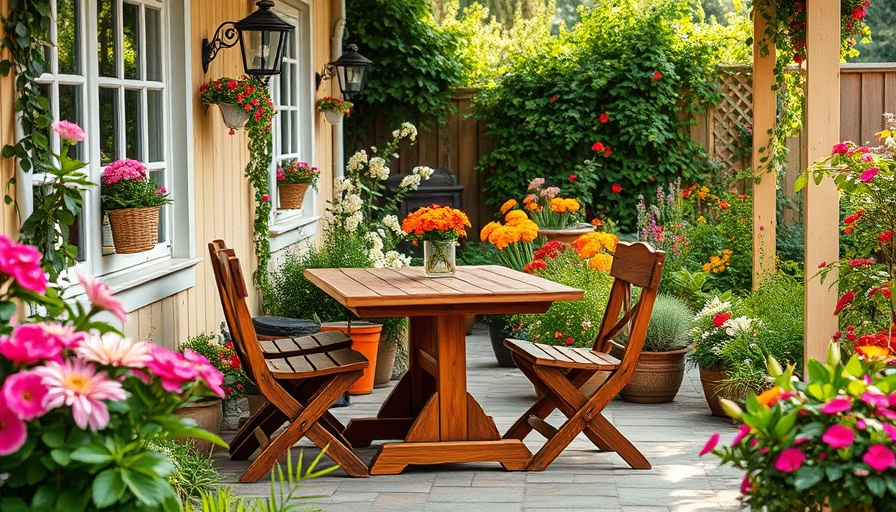 2025 outdoor living trends with rustic patio and vibrant garden.
