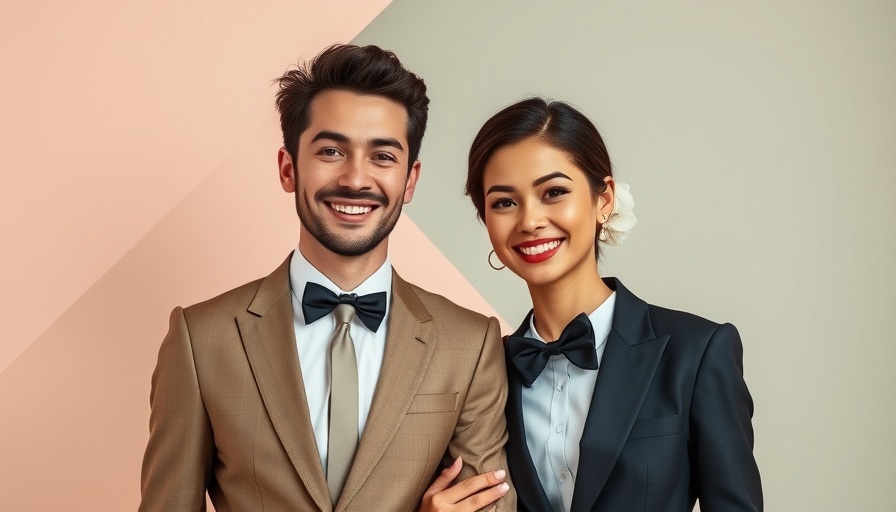 Elegant couple smiling, formal attire, posing together at an event.