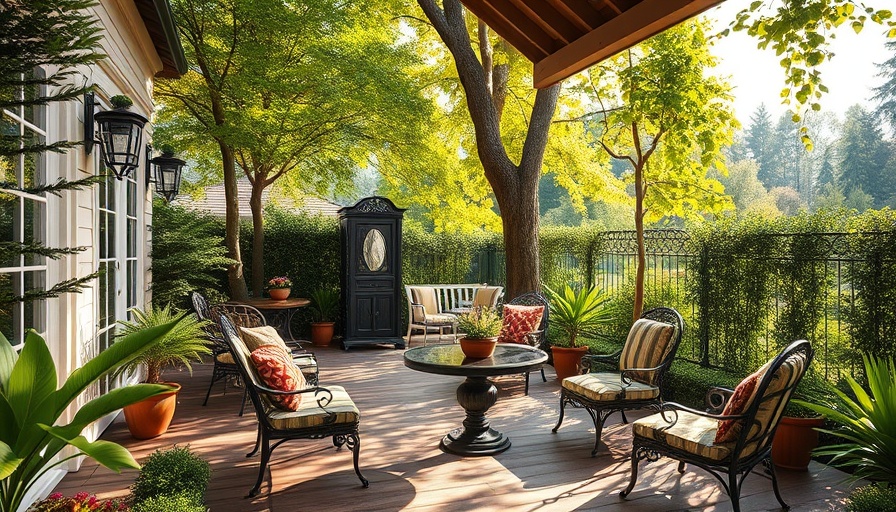 Elegant patio furniture amidst lush greenery for Memorial Day sales.