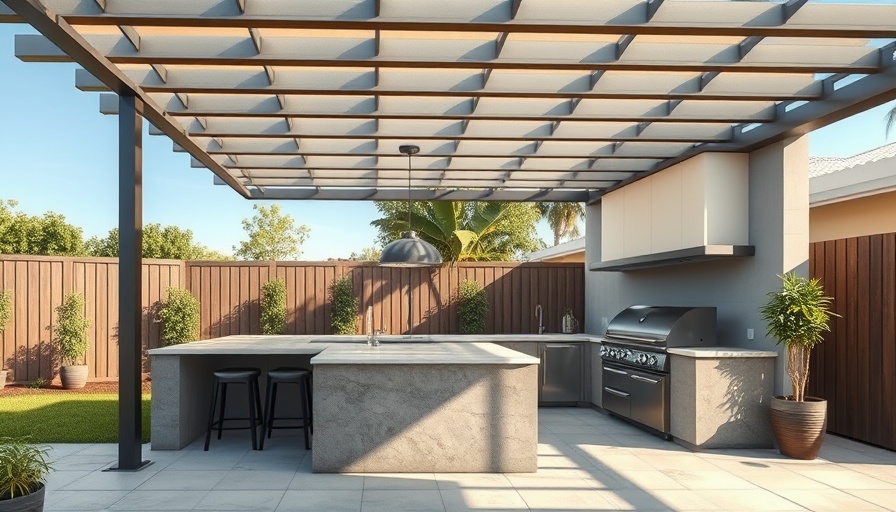 Modern shade pergola outdoor kitchen design with barbecue.