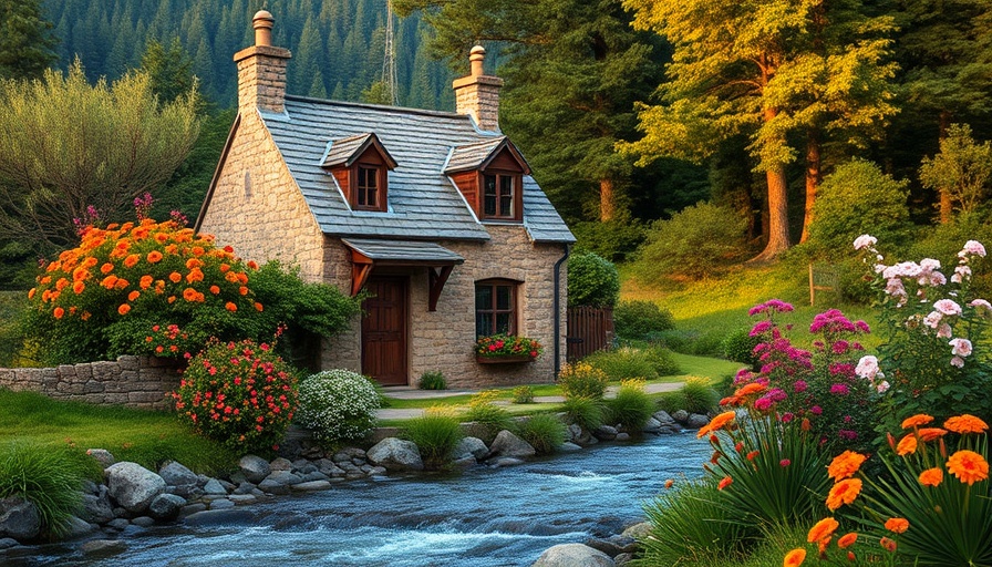 Serene Escape Home Design: stone cottage by a lush garden and stream.