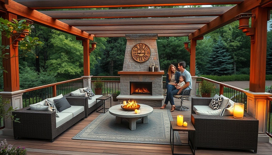 Modern deck design ideas featuring a stylish contemporary deck with a stone fireplace.