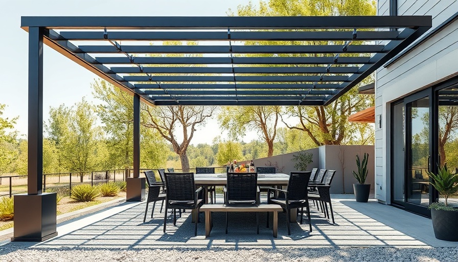 Modern patio trends with pergola and dining set.