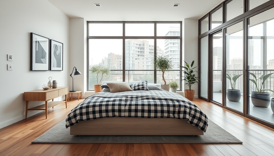 Modern bedroom in Copenhagen Airbnb with artistic design and large windows.