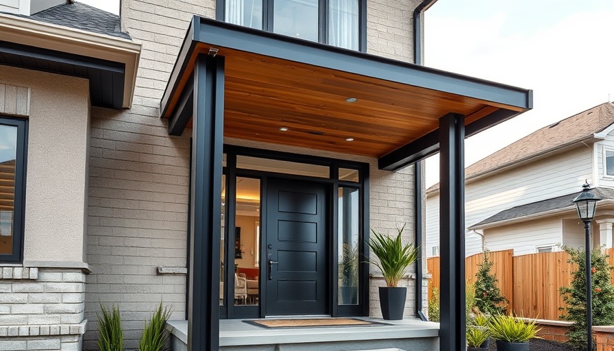 Contemporary small porch design with sleek framing and awning.