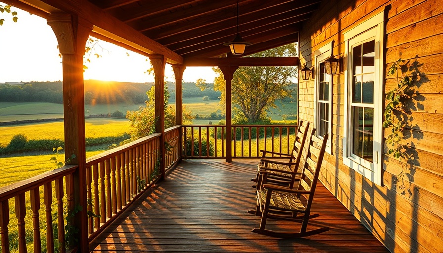 Peaceful farmhouse veranda retreat with scenic countryside view.