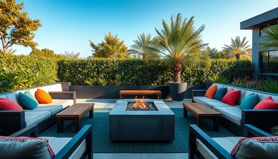 Modern outdoor seating area with fire pit, lush greenery.