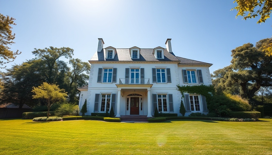 Elegant French-style house with lush garden, highlighting home design and architecture.