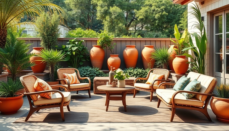 Vibrant outdoor patio scene with eclectic furniture and greenery, Best Outdoor Furniture Stores.