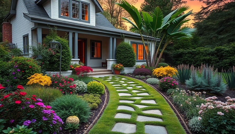 Modern landscaping ideas on a budget with diverse plants and sunset.