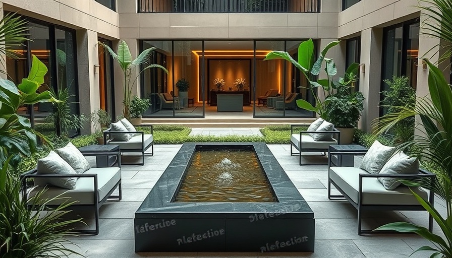 Modern courtyard garden ideas with seating and water feature.