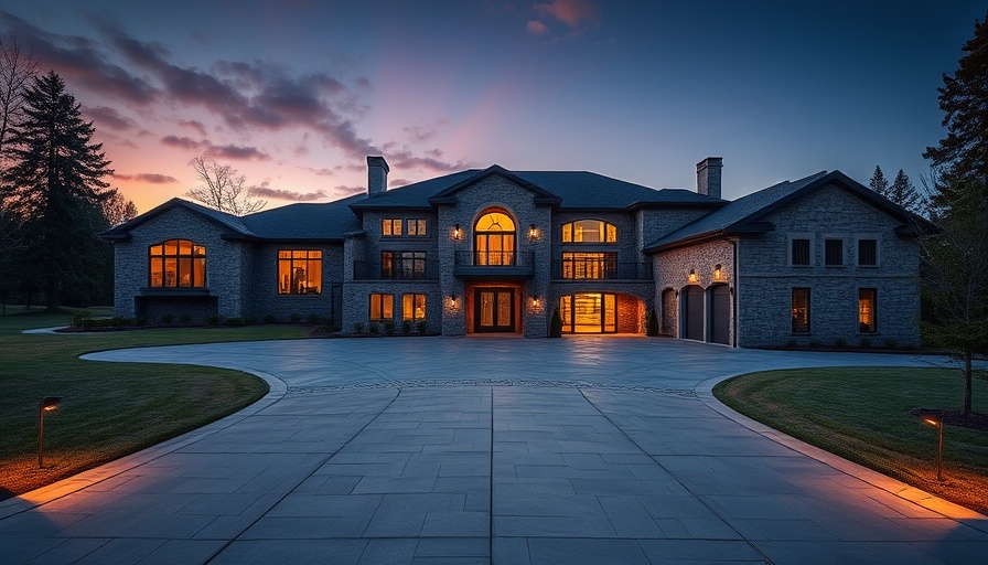 Luxurious $1M home exterior view at dusk with driveway.