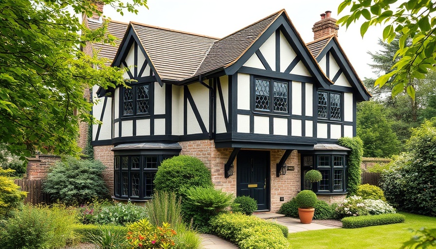 Tudor house style architecture features in a lush garden setting.