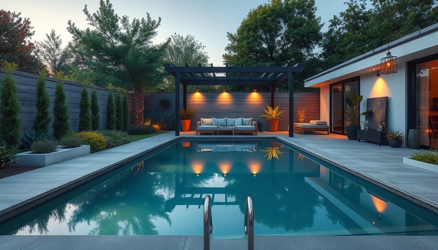Modern backyard relaxing area design with pool and lounge.