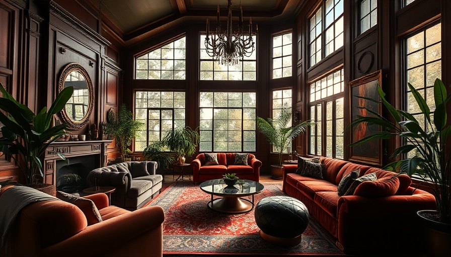 Luxurious maximalist interior design with velvet and greenery.