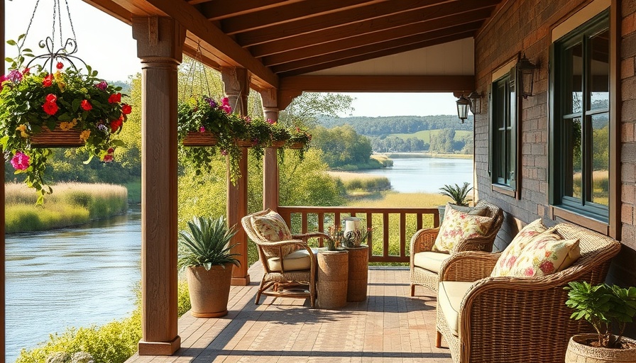 Cozy riverside farmhouse porch with rustic charm.