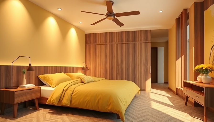 Modern bedroom with best butter yellow bedding and wooden accents.