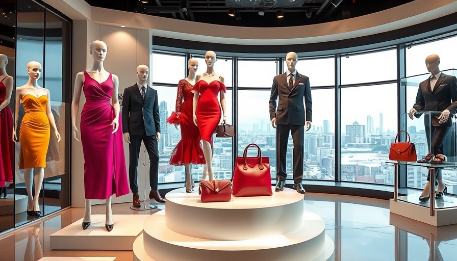Victoria Beckham NYC fashion showcase with mannequins and luxury items.