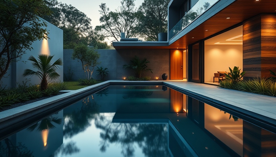 Modern narrow pool design with cozy outdoor seating.