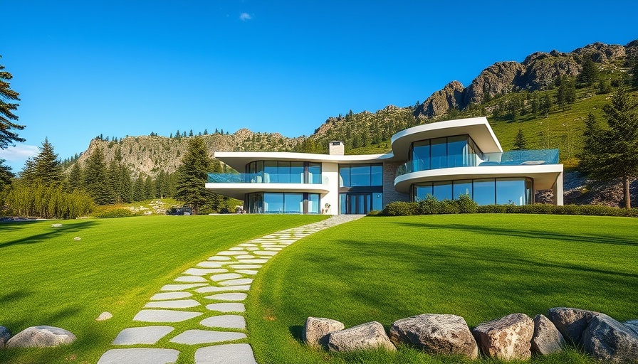 Modern Mountain Home in Eagle Idaho with landscaped lawn and path.