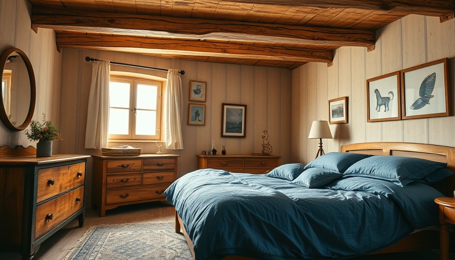 Denim bedding in a rustic bedroom with wooden decor.