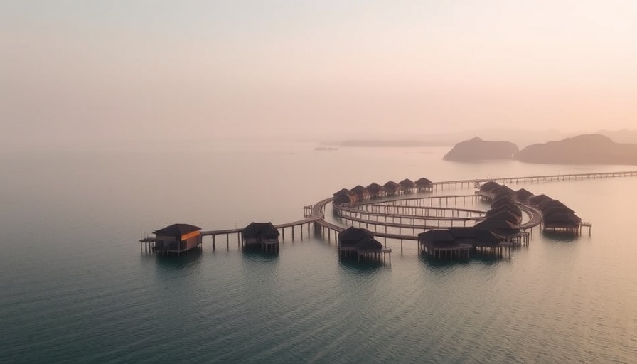Serene overwater bungalows at sunrise, peaceful atmosphere.
