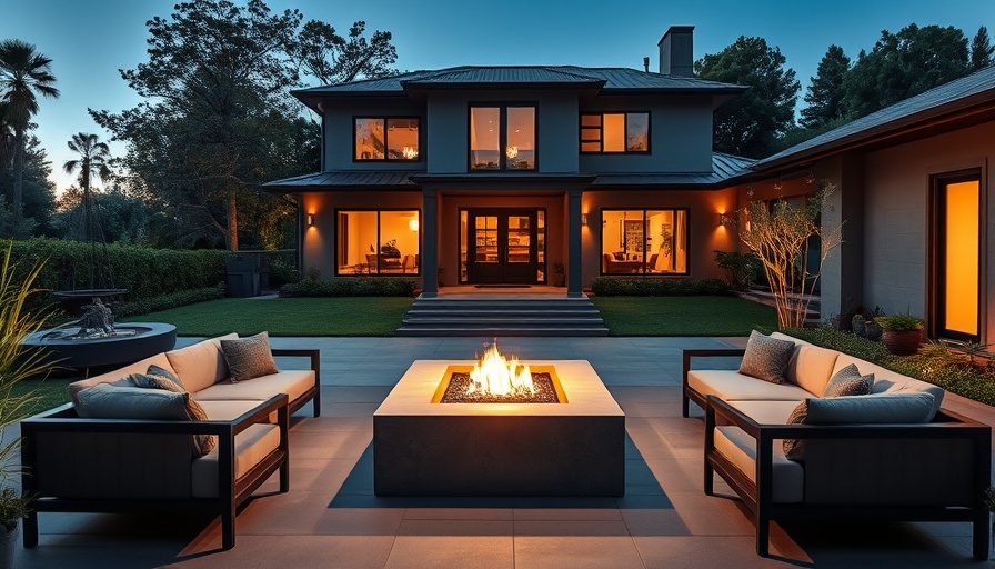 Modern patio hardscaping design with fire pit and seating.