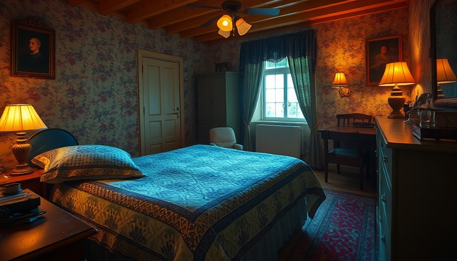 Cozy vintage bedroom decor with patterned blue bedspread and rustic elements.